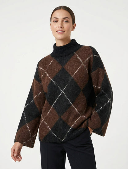 Pull à col montant et motif carreaux en mohair mélangé - Marron