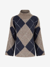 Pull à col montant et motif carreaux en mohair mélangé - Taupe - 1
