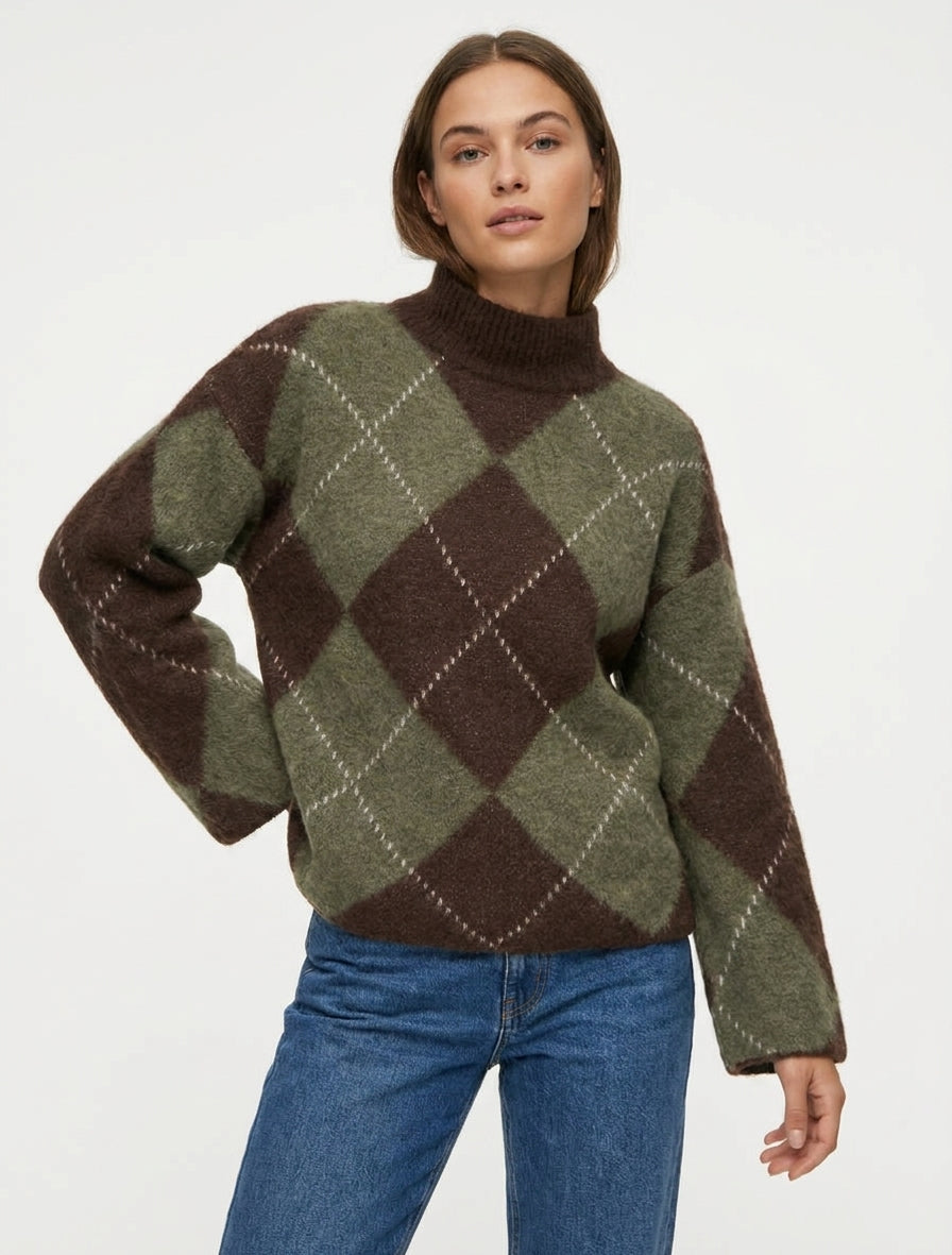 Pull à col montant et motif carreaux en mohair mélangé - Kaki