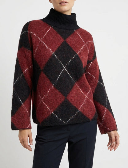 Pull à col montant et motif carreaux en mohair mélangé - Bordeaux