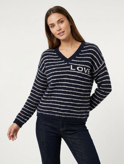Pull mohair inscription LOVE à rayures - Marine