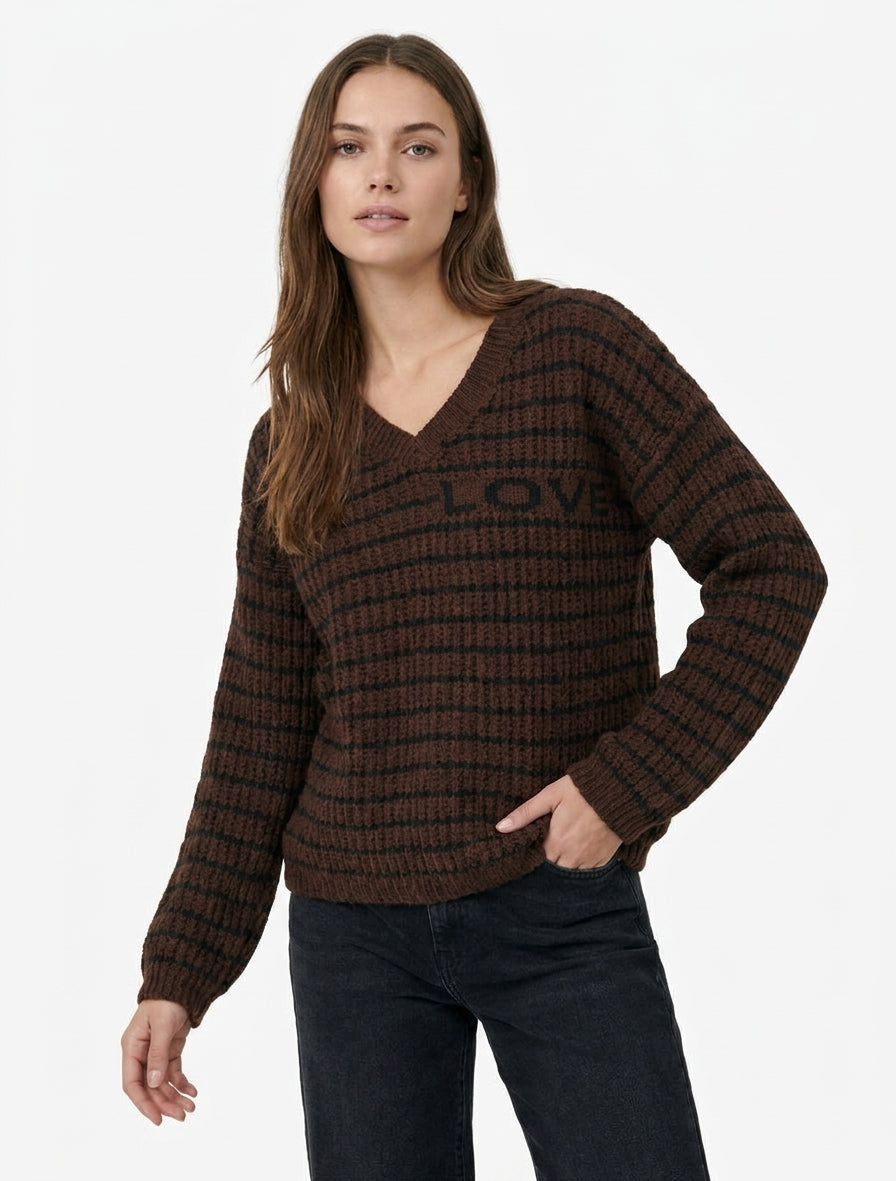 Pull mohair inscription LOVE à rayures - Marron