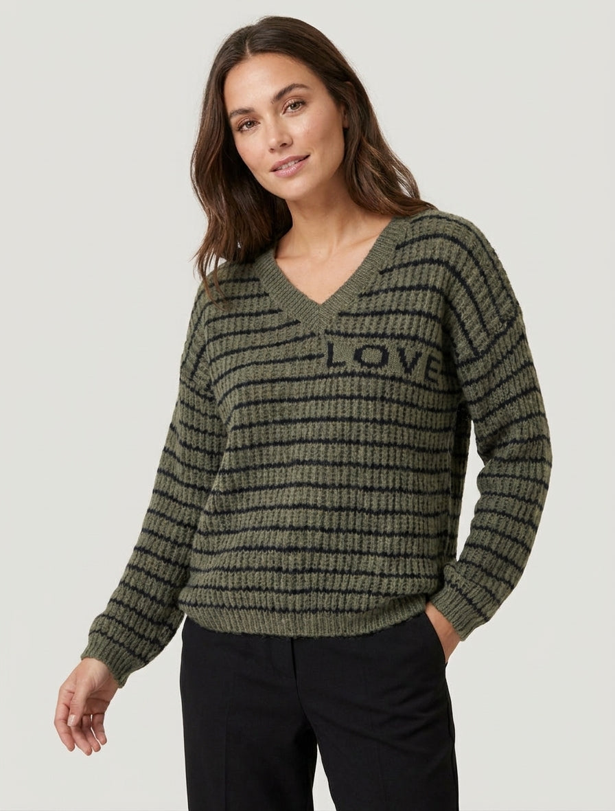 Pull mohair inscription LOVE à rayures - Kaki