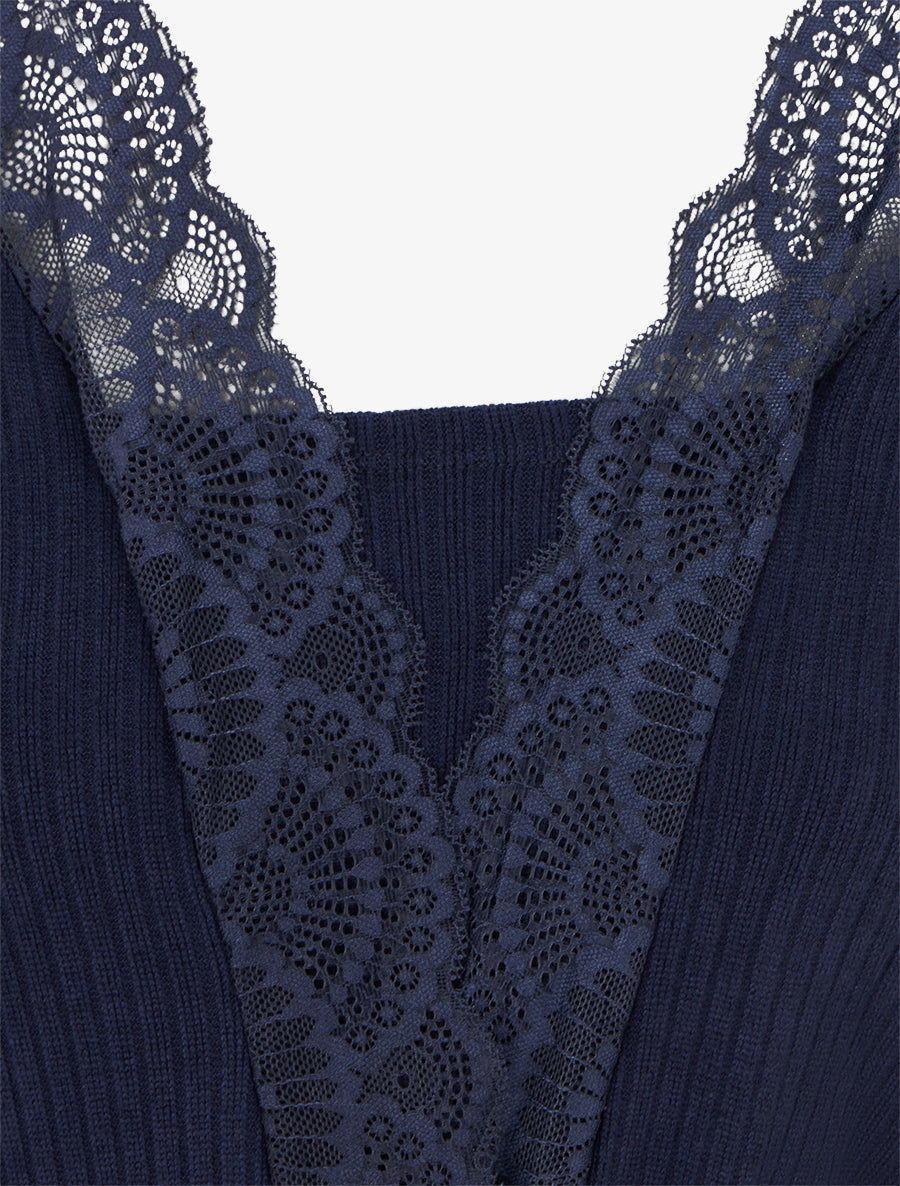Robe droite bimatière à détail dentelle - Marine - 3