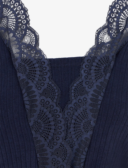 Robe droite bimatière à détail dentelle - Marine - 3