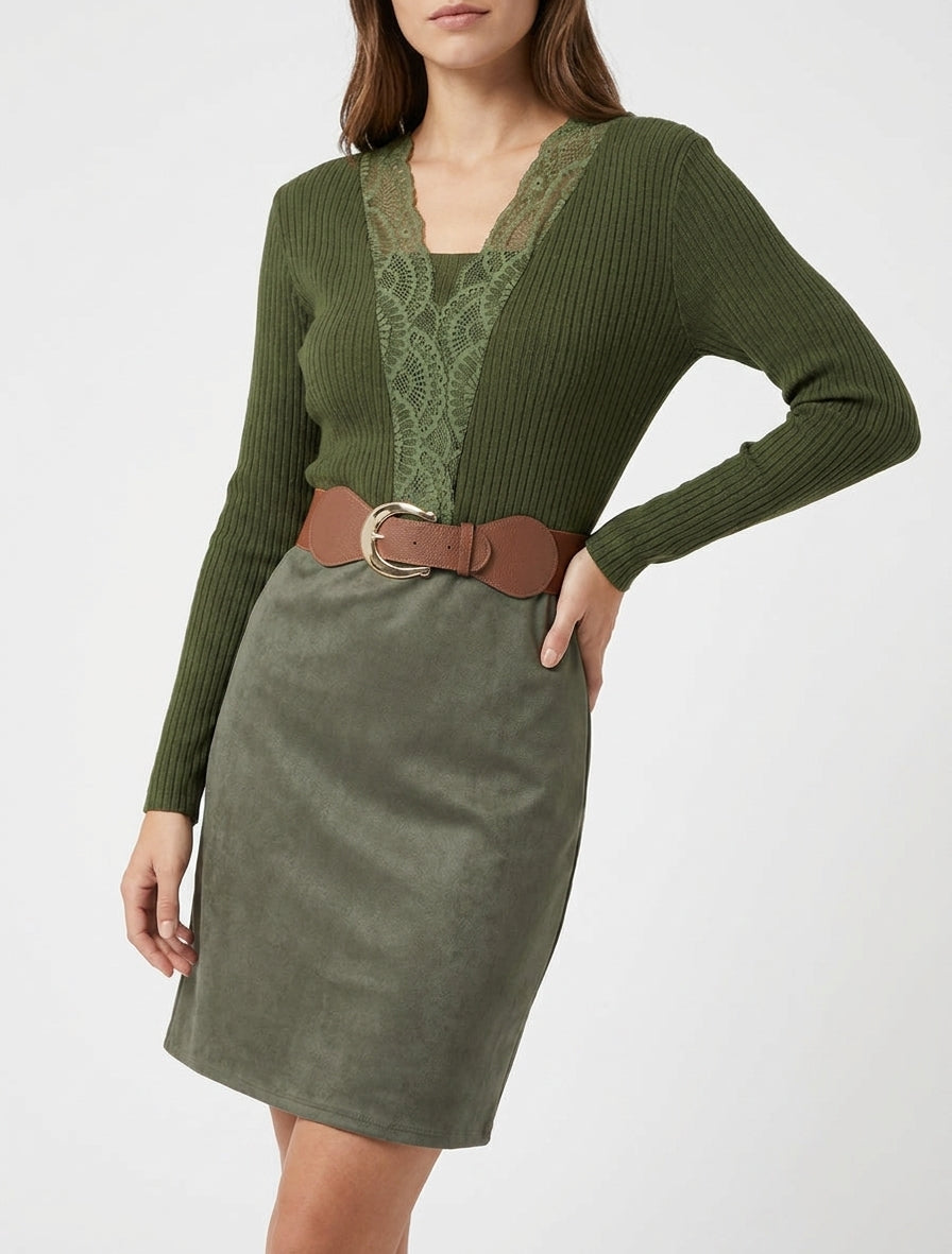 Robe droite bimatière à détail dentelle - Kaki