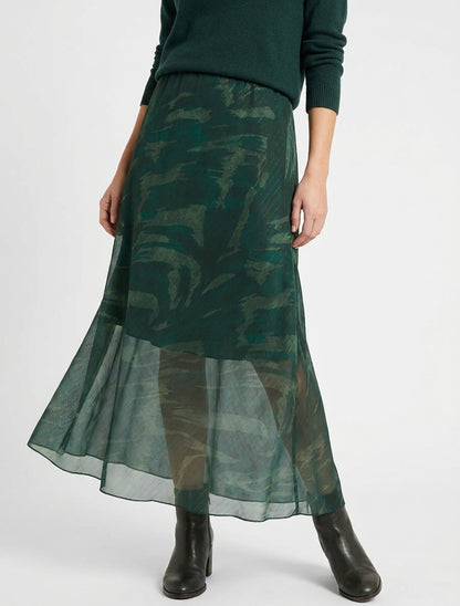 Jupe longue droite voile irisé imprimé abstrait - Vert foncé