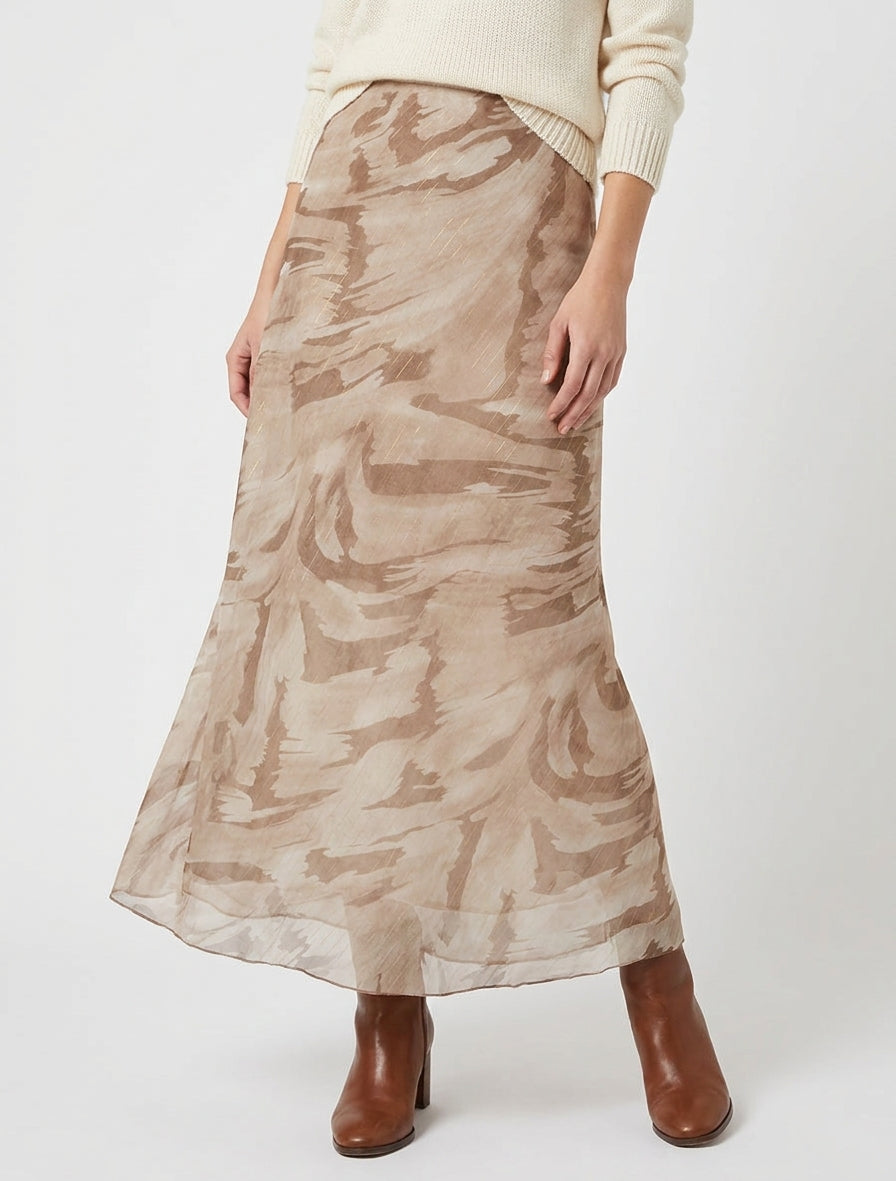 Jupe longue droite voile irisé imprimé abstrait - Beige