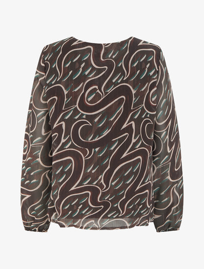 Top droit col volanté et imprimé graphique - Marron - 2