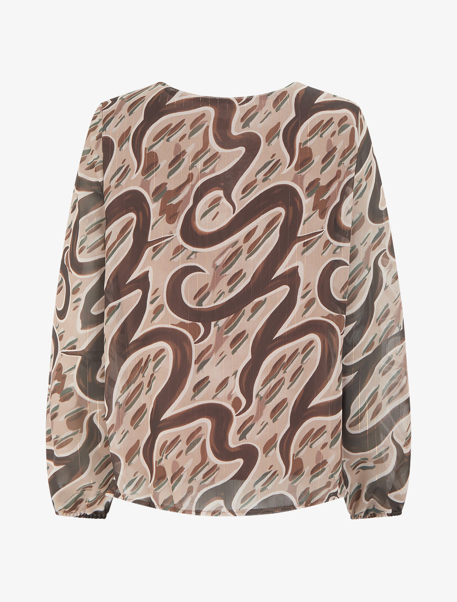 Top droit col volanté et imprimé graphique - Beige - 2
