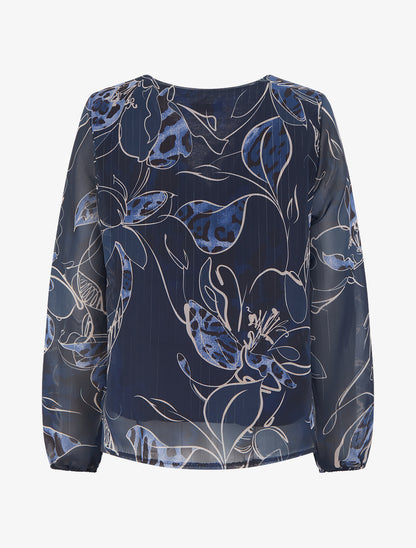 Top droit col volanté et imprimé floral léopard - Marine - 2