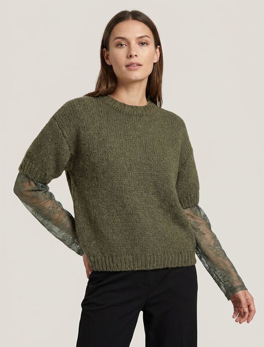 Pull uni à manches longues bimatière - Kaki
