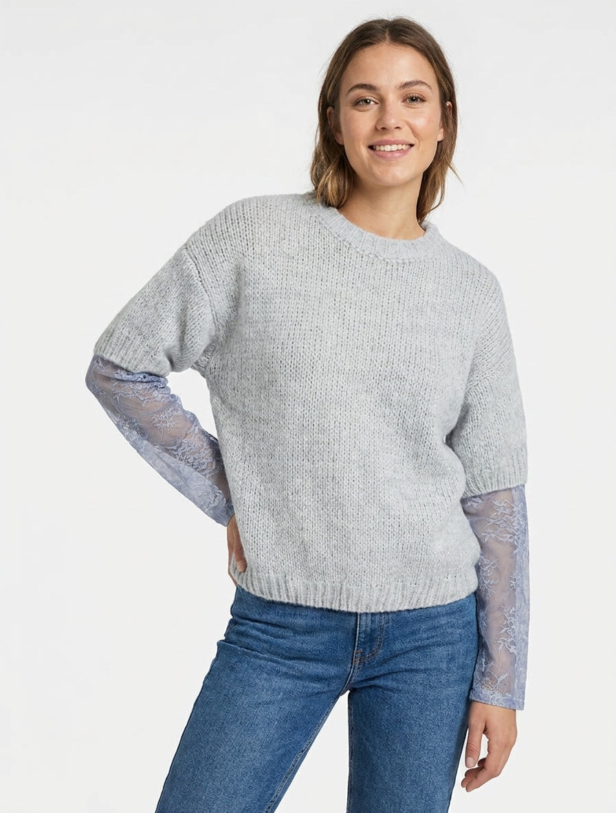 Pull uni à manches longues bimatière - Gris