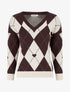 Pull à col V motif carreaux et coeur - Marron/beige - 1