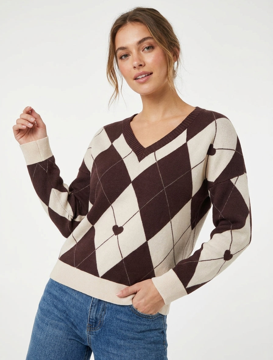 Pull à col V motif carreaux et coeur - Marron/beige