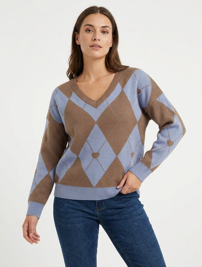 Pull à col V motif carreaux et coeur - Marron/bleu