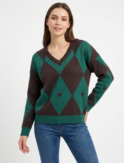 Pull à col V motif carreaux et coeur - Marron/vert foncé