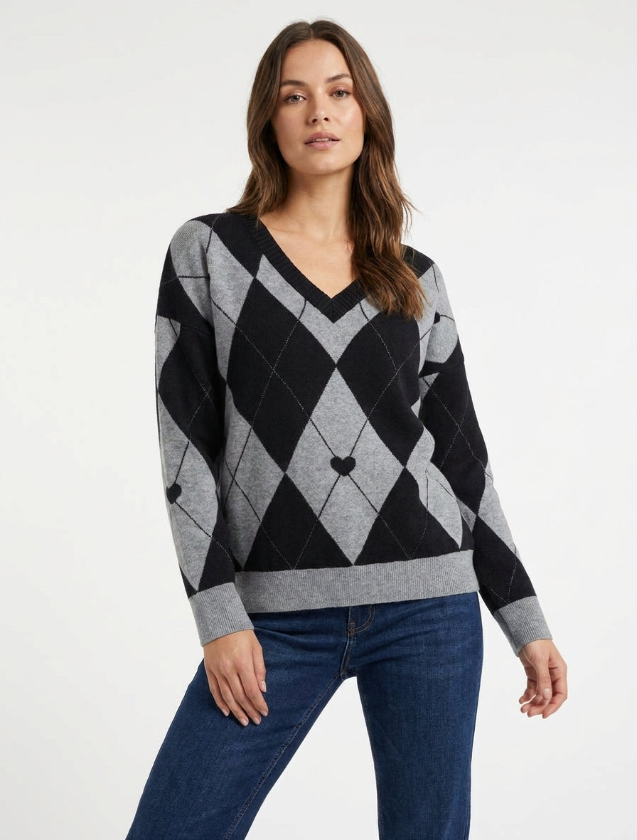 Pull à col V motif carreaux et coeur - Noir/gris