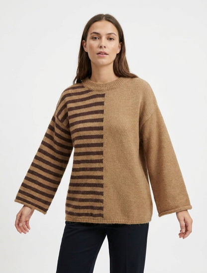 Pull en mohair mélangé à rayures et col rond - Camel