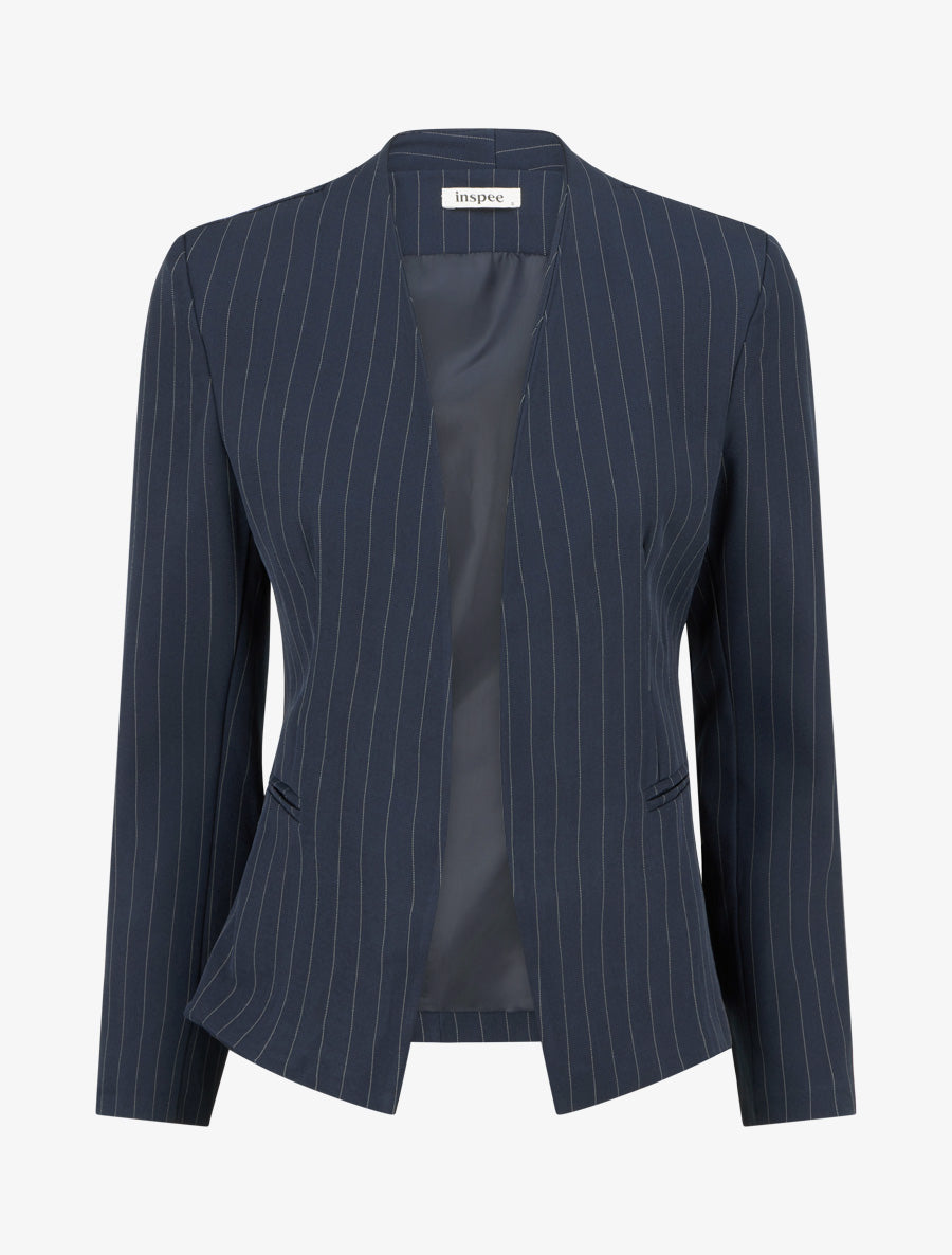 Blazer rayé à col droit - Marine - 1
