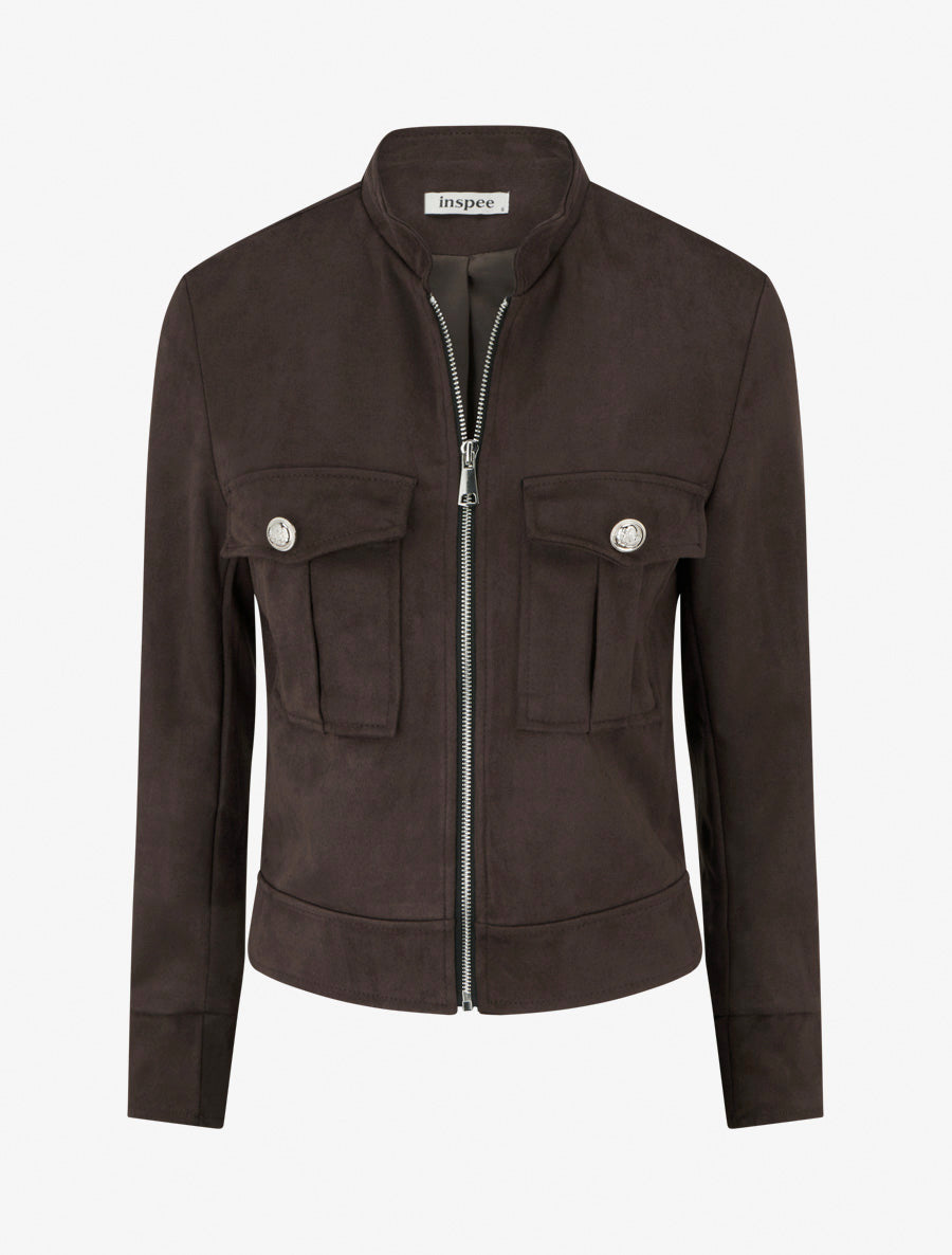Veste en suédine zippée à poche à rabat - Marron