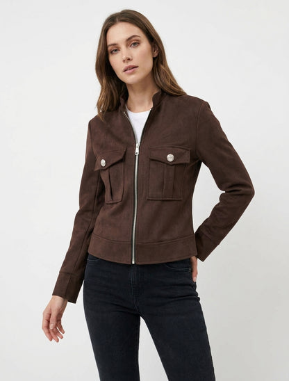 Veste en suédine zippée à poche à rabat - Marron