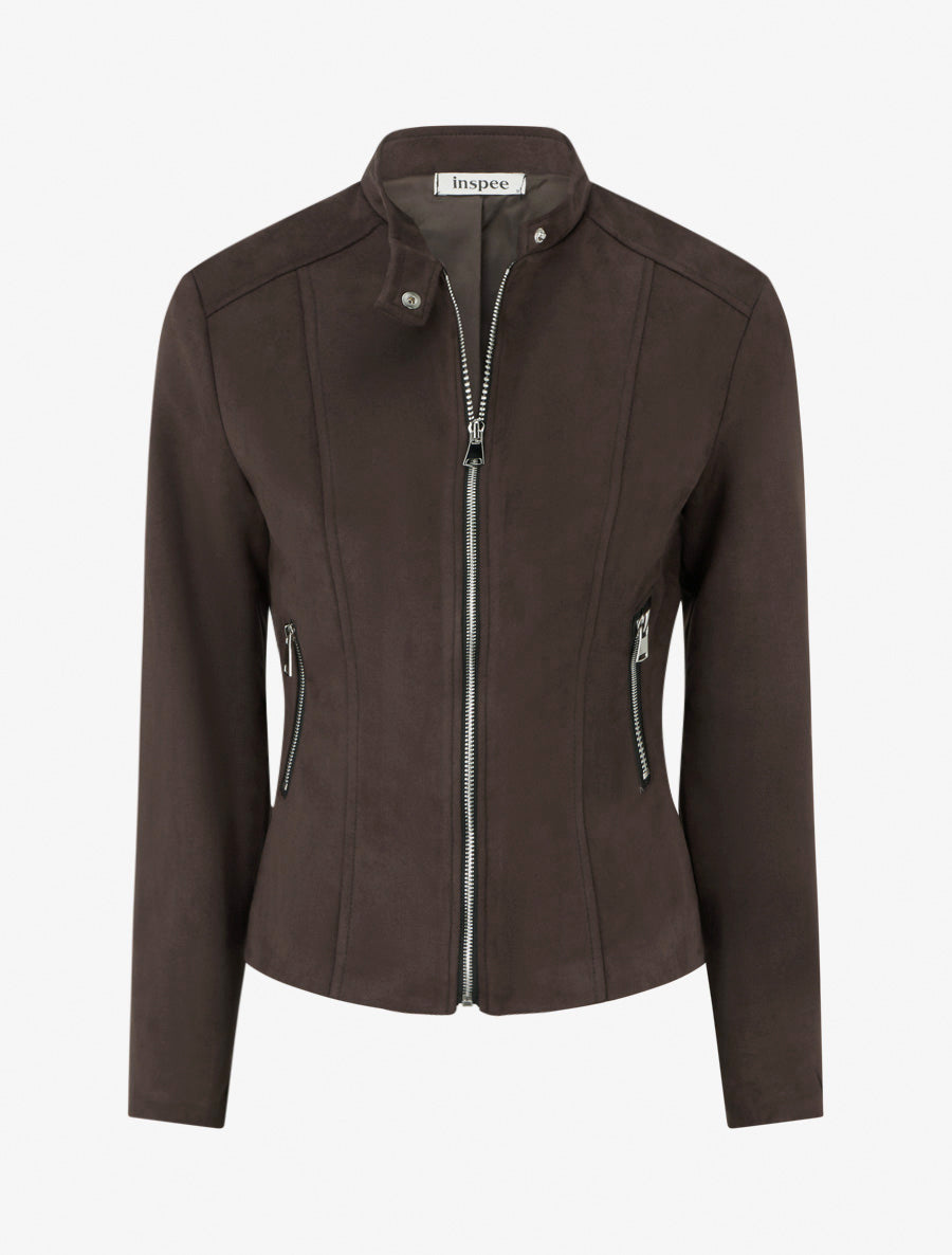 Veste en suédine à col montant et zip - Marron