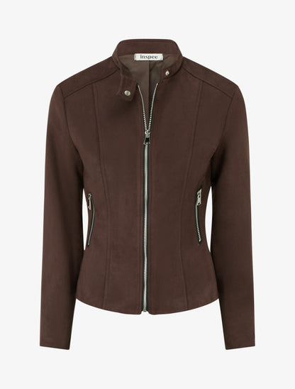 Veste en suédine à col montant et zip - Marron - 1