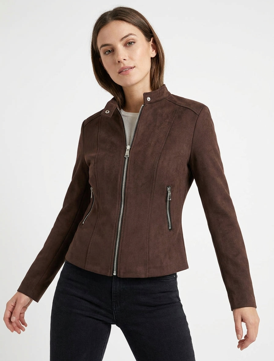 Veste en suédine à col montant et zip - Marron