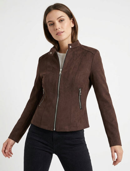 Veste en suédine à col montant et zip - Marron