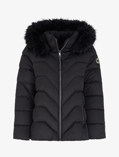 Doudoune à capuche amovible ornée de fourrure avec patch strassé - Noir - 1