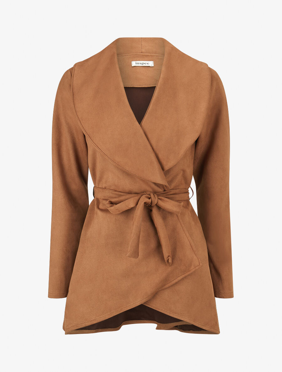 Veste longue unie en suédine - Camel - 1