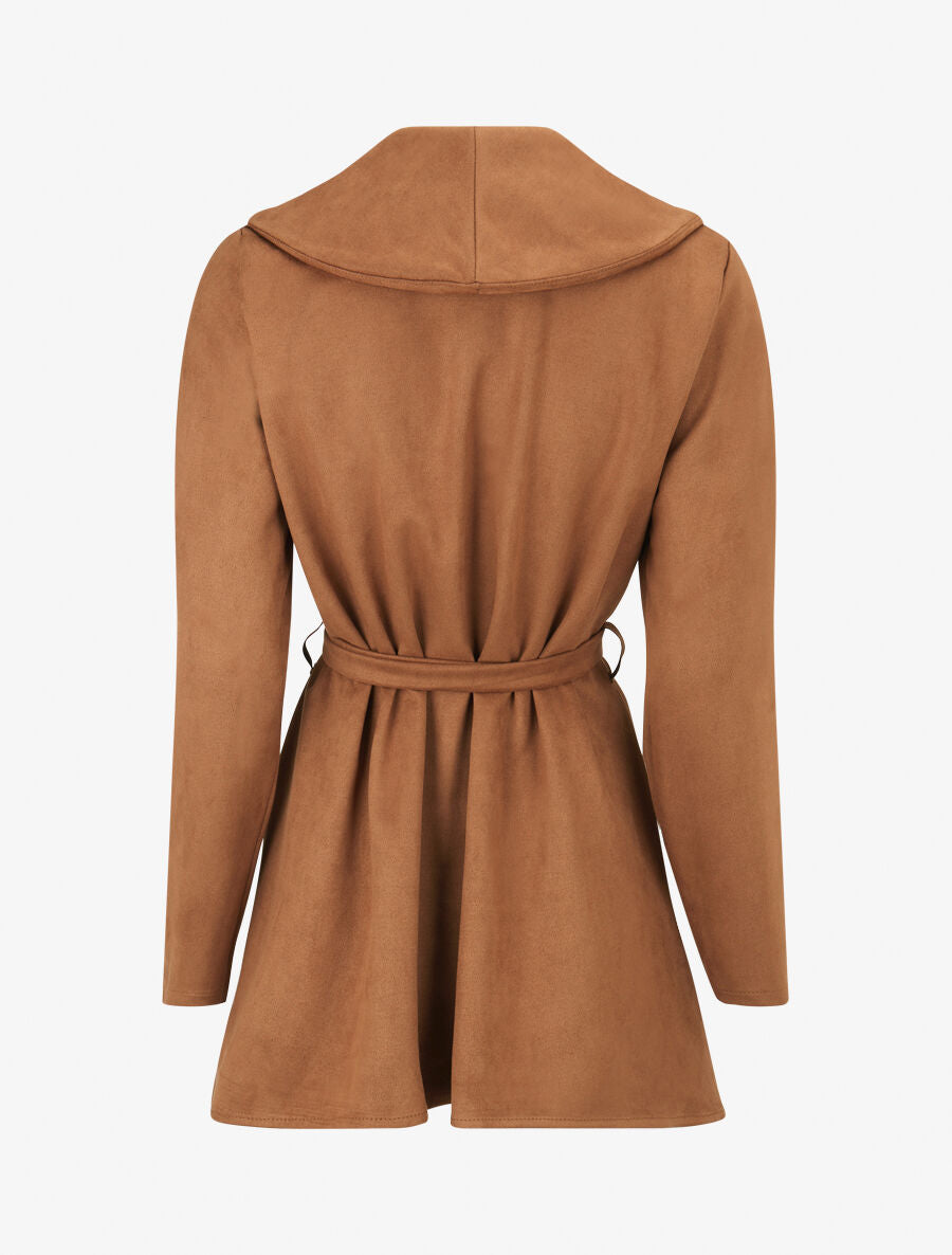 Veste longue unie en suédine - Camel - 2