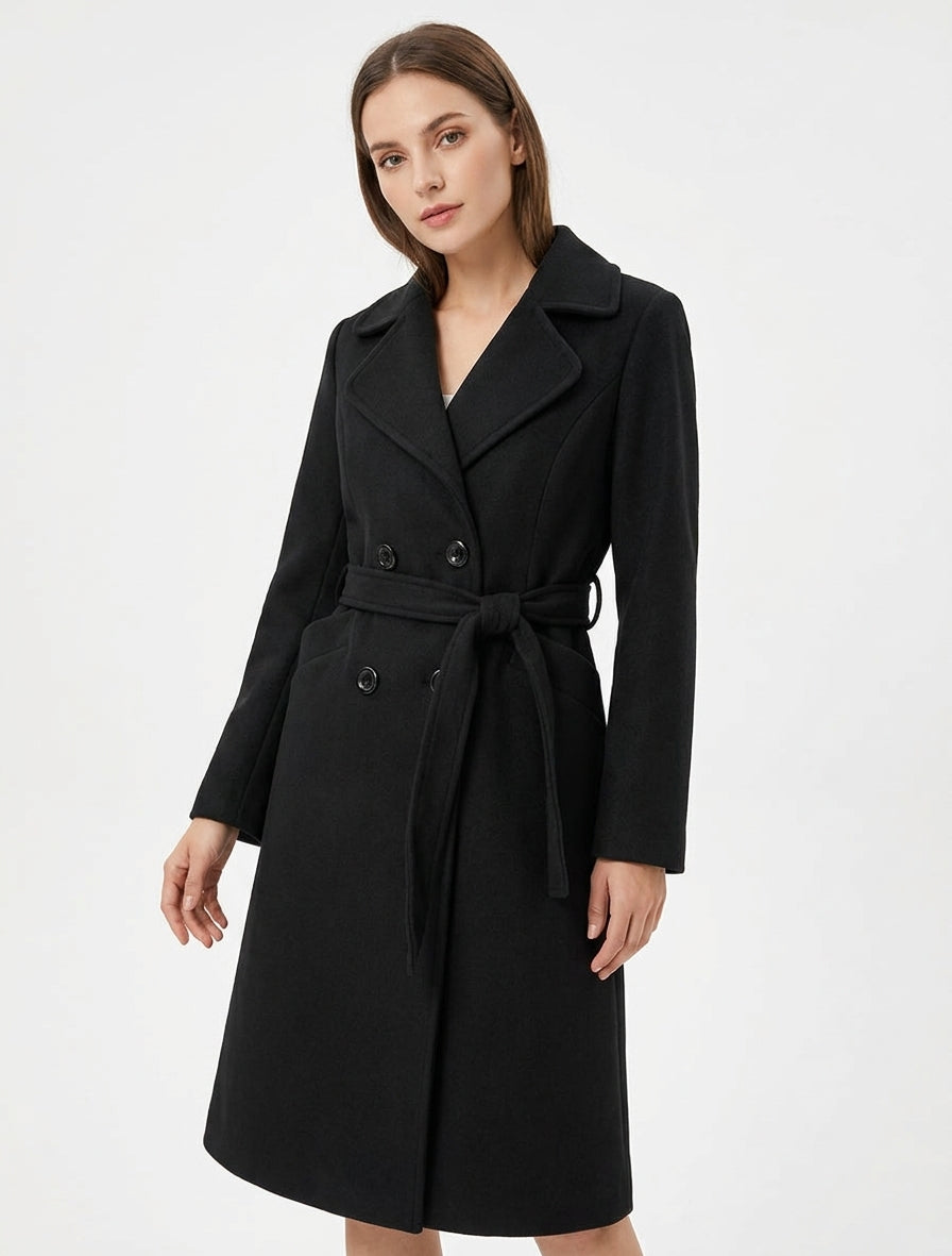 Manteau long croisé en laine mélangée - Noir