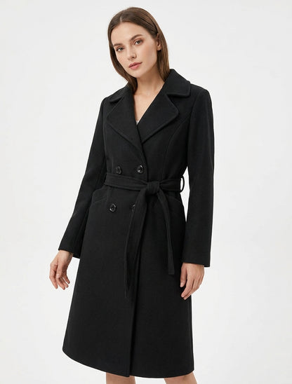 Manteau long croisé en laine mélangée - Noir