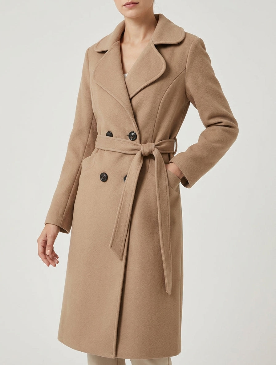Manteau long croisé en laine mélangée - Camel