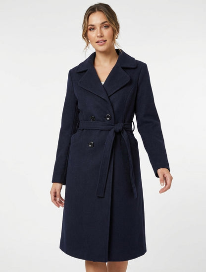 Manteau long croisé en laine mélangée - Marine