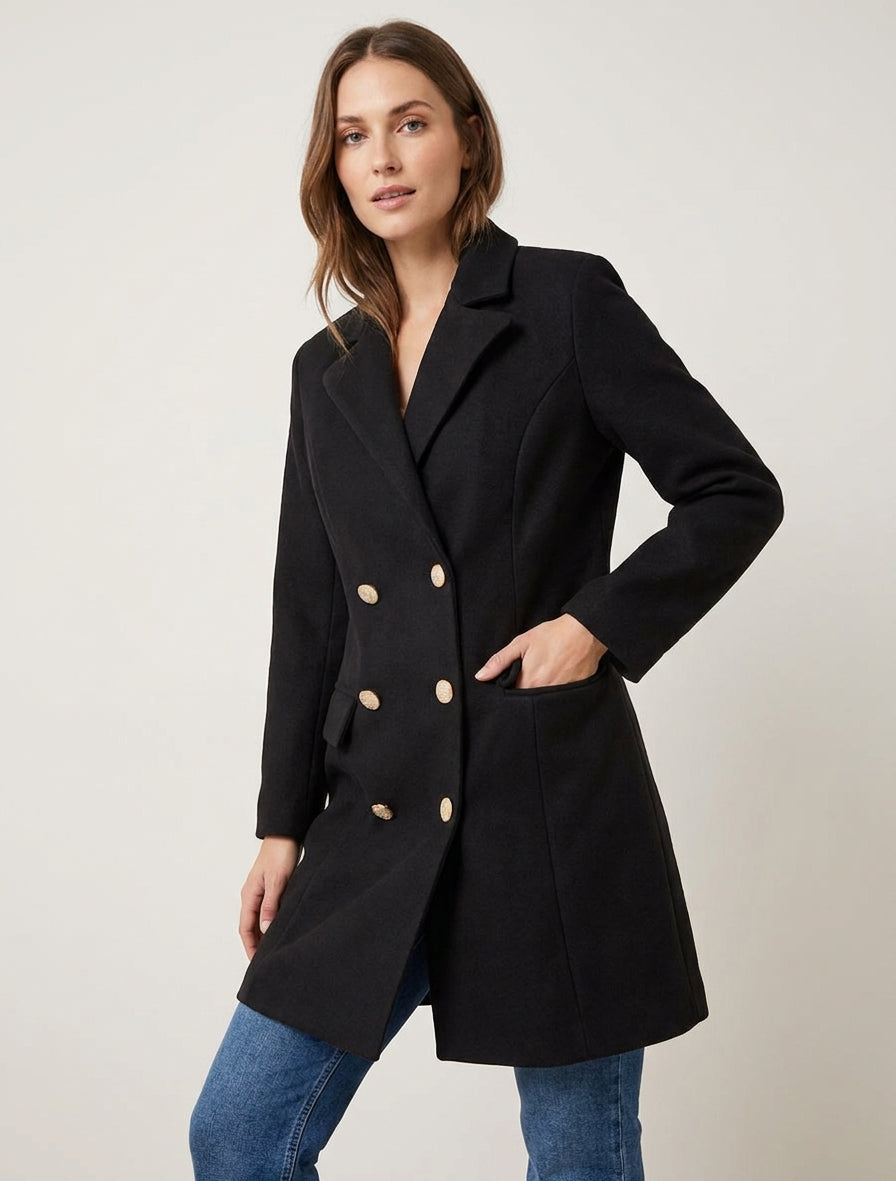 Manteau droit croisé en laine mélangé - Noir