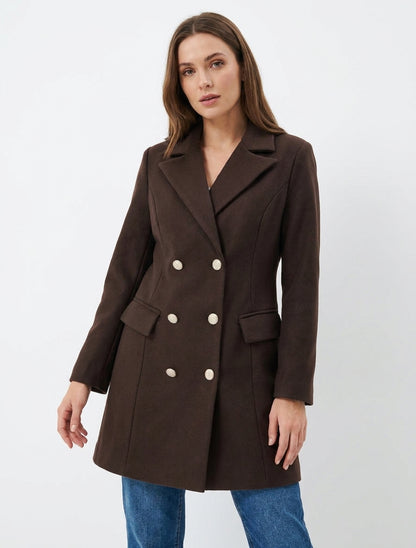 Manteau droit croisé en laine mélangé - Chocolat
