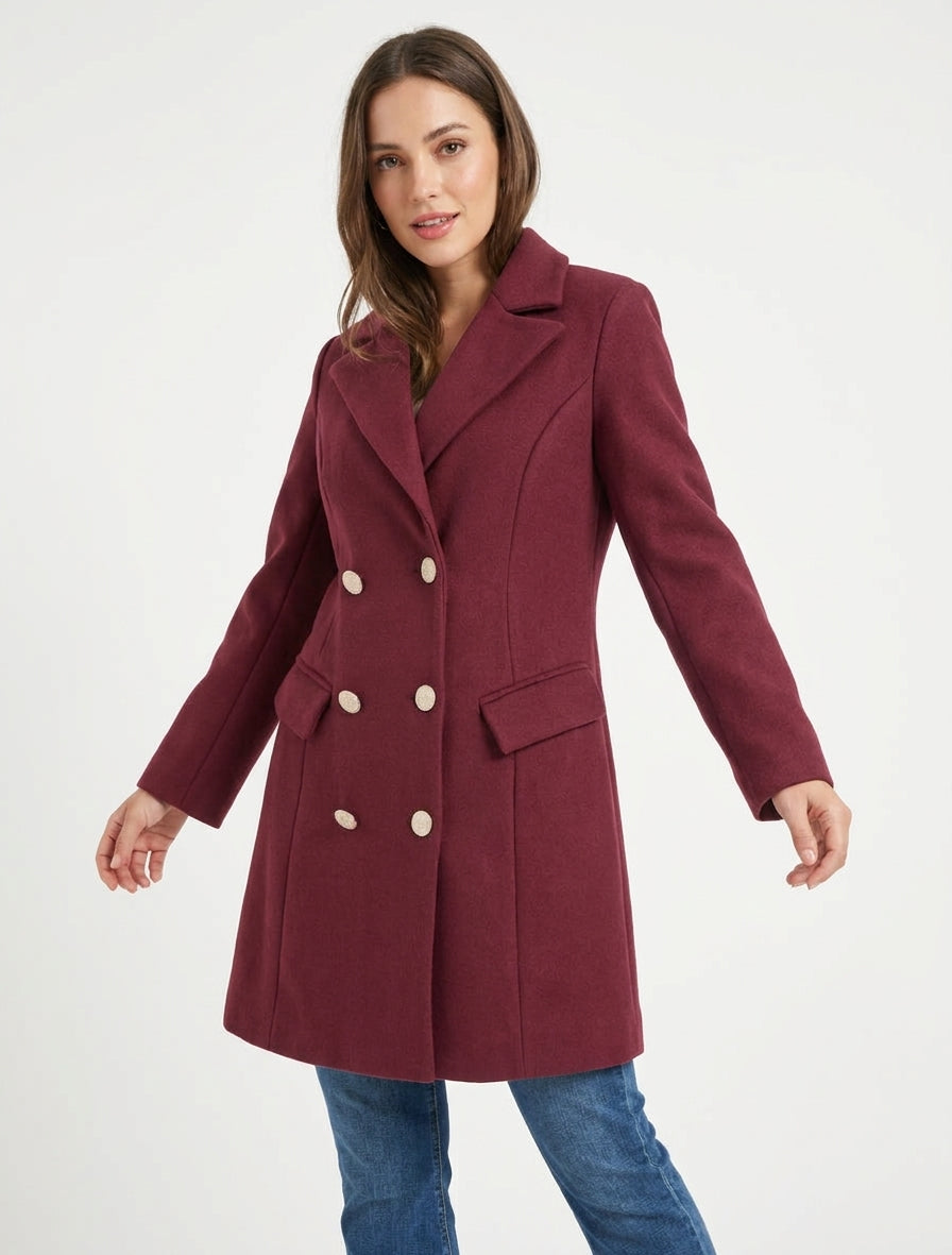 Manteau droit croisé en laine mélangé - Bordeaux