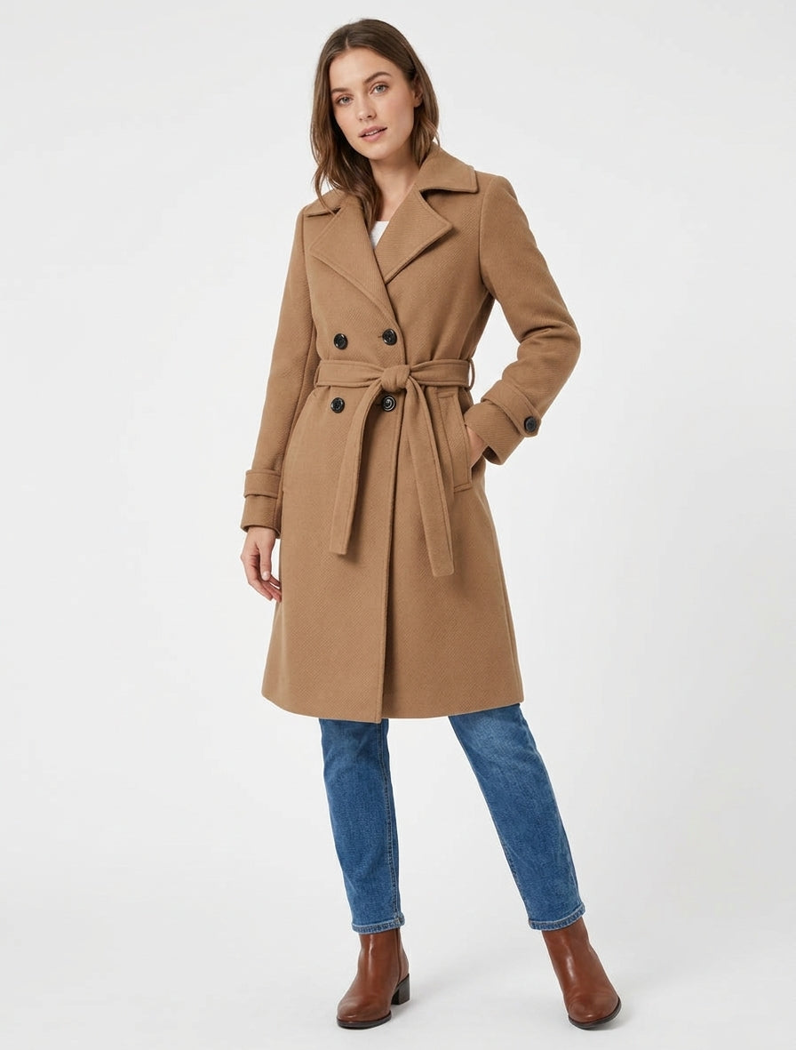 Manteau droit uni ceinturé - Camel