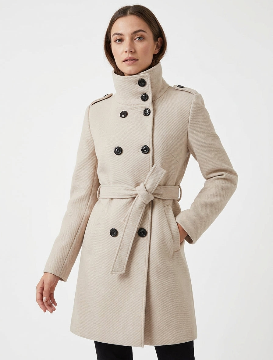 Manteau long à col montant - Beige
