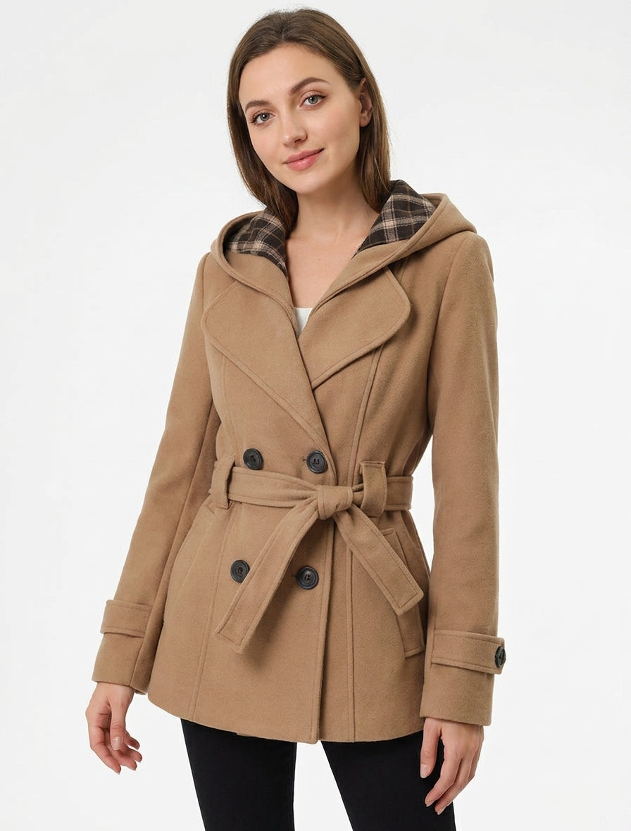Manteau uni à capuche imprimée amovible - Camel
