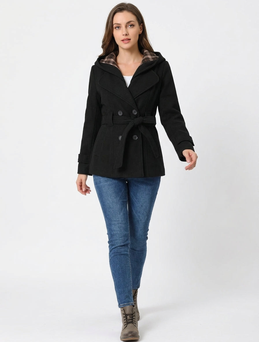 Manteau uni à capuche imprimée amovible - Noir