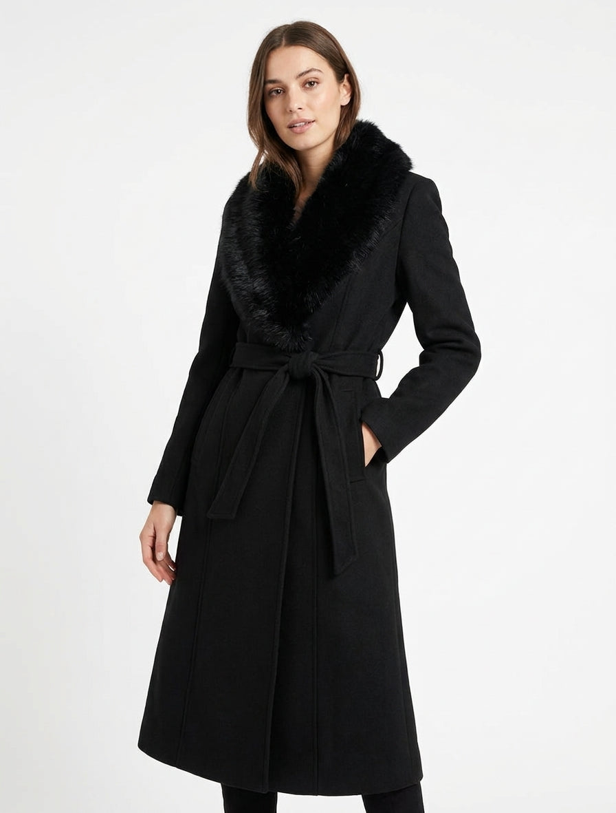 Manteau à col en fourrure synthétique amovible - Noir