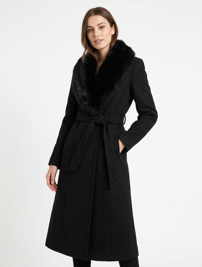 Manteau à col en fourrure synthétique amovible - Noir