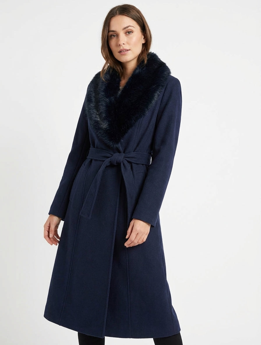 Manteau à col en fourrure synthétique amovible - Marine