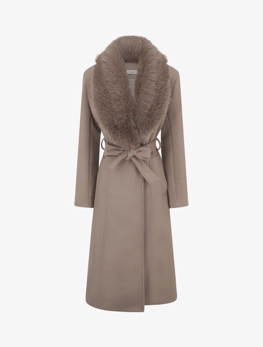 Manteau à col en fourrure synthétique amovible - Taupe - 1