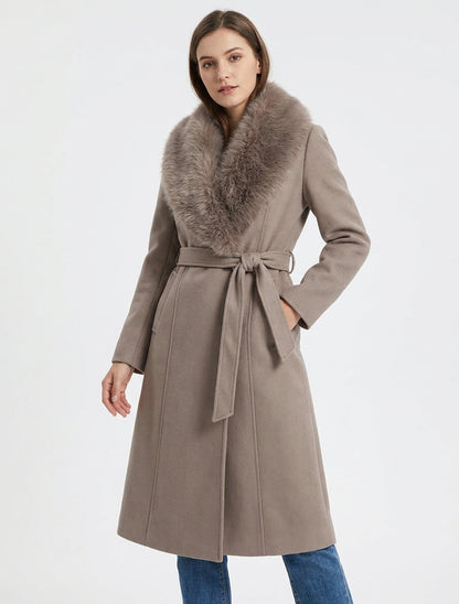 Manteau à col en fourrure synthétique amovible - Taupe