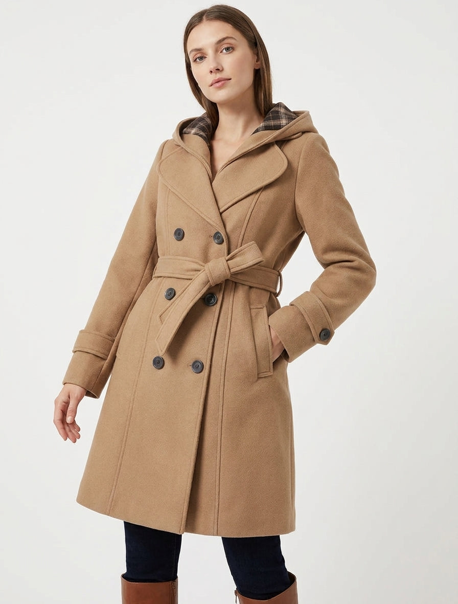 Manteau droit à capuche amovible - Camel